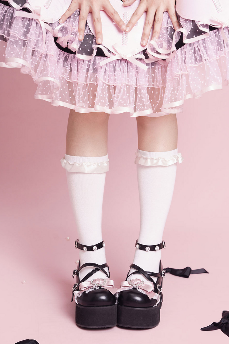 Lace Sheep Puff Lolita Lace Rhinestone Ribbon Flatform Shoes