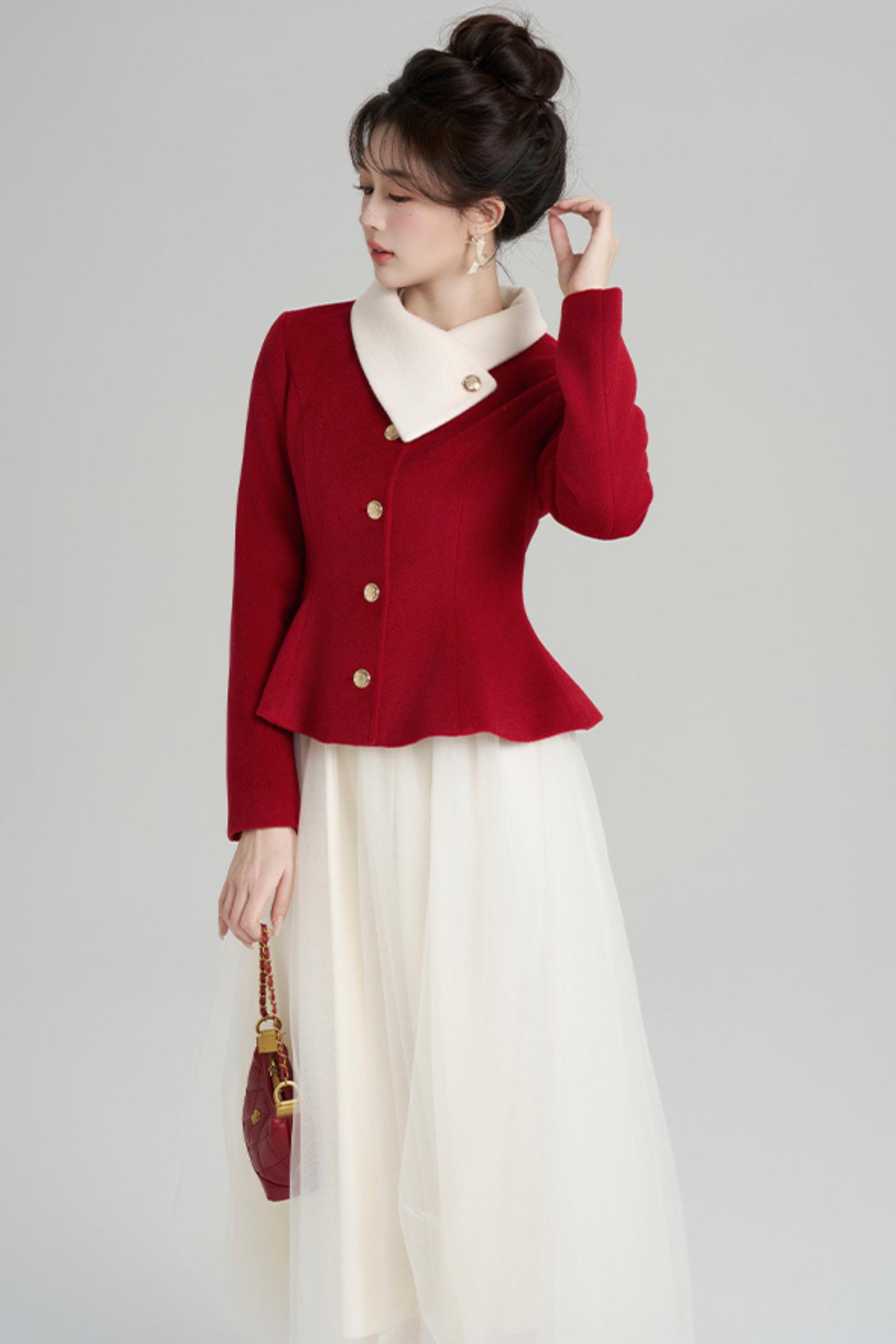 Red Wool Waist Cinching Coat + Long Dress