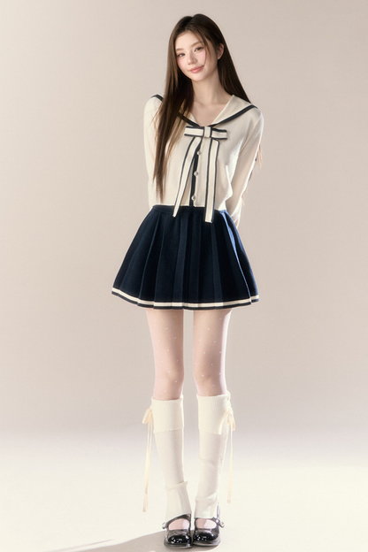 Sailor Ribbon Cardigan + Pleated Skirt