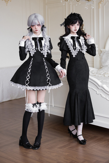 Mermaid Dress + Lace-up Short Dress + Cloak + Collar + Ribbon Brooch