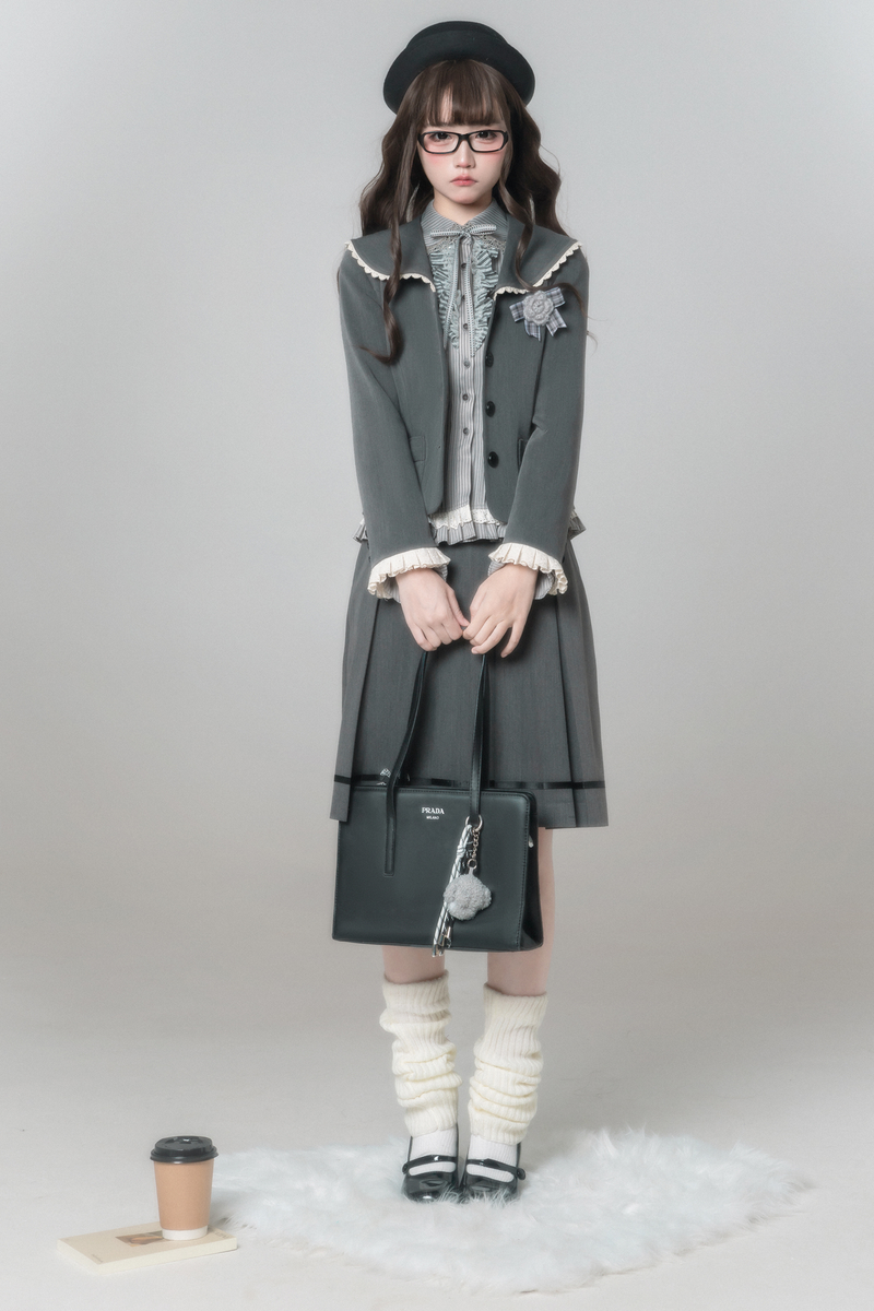 Retro College Jacket + Shirt + Skirt + Brooch