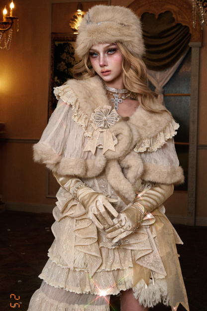 Night Party Gothic Fur Shawl + Hat + Brooch