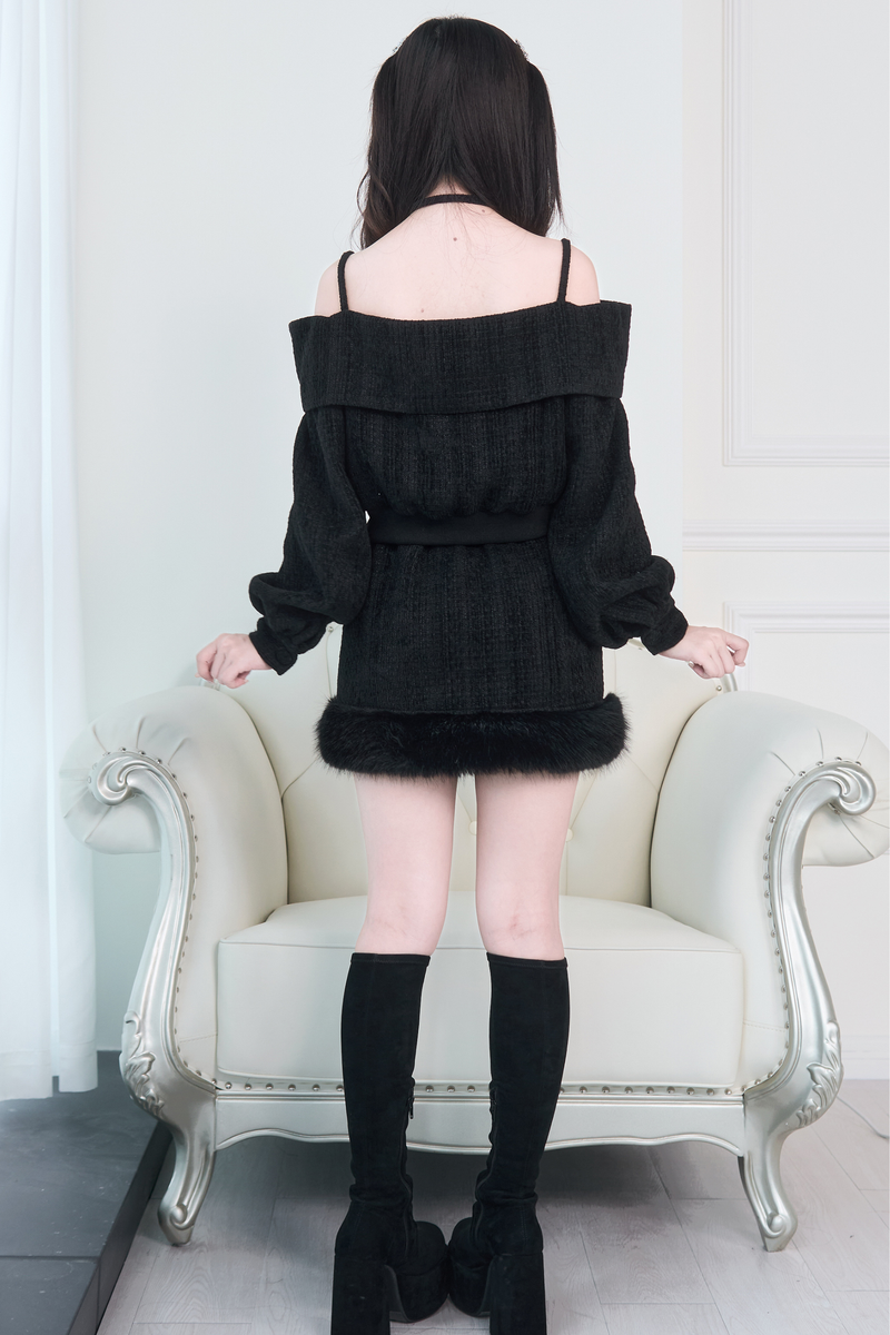 Off-the-shoulder Ribbon Top + Fur Skirt