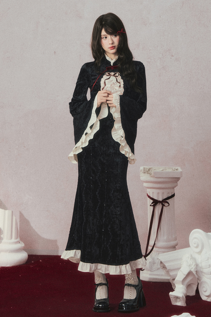 Retro Black Velvet Mermaid Tail Cheongsam Dress + Cape