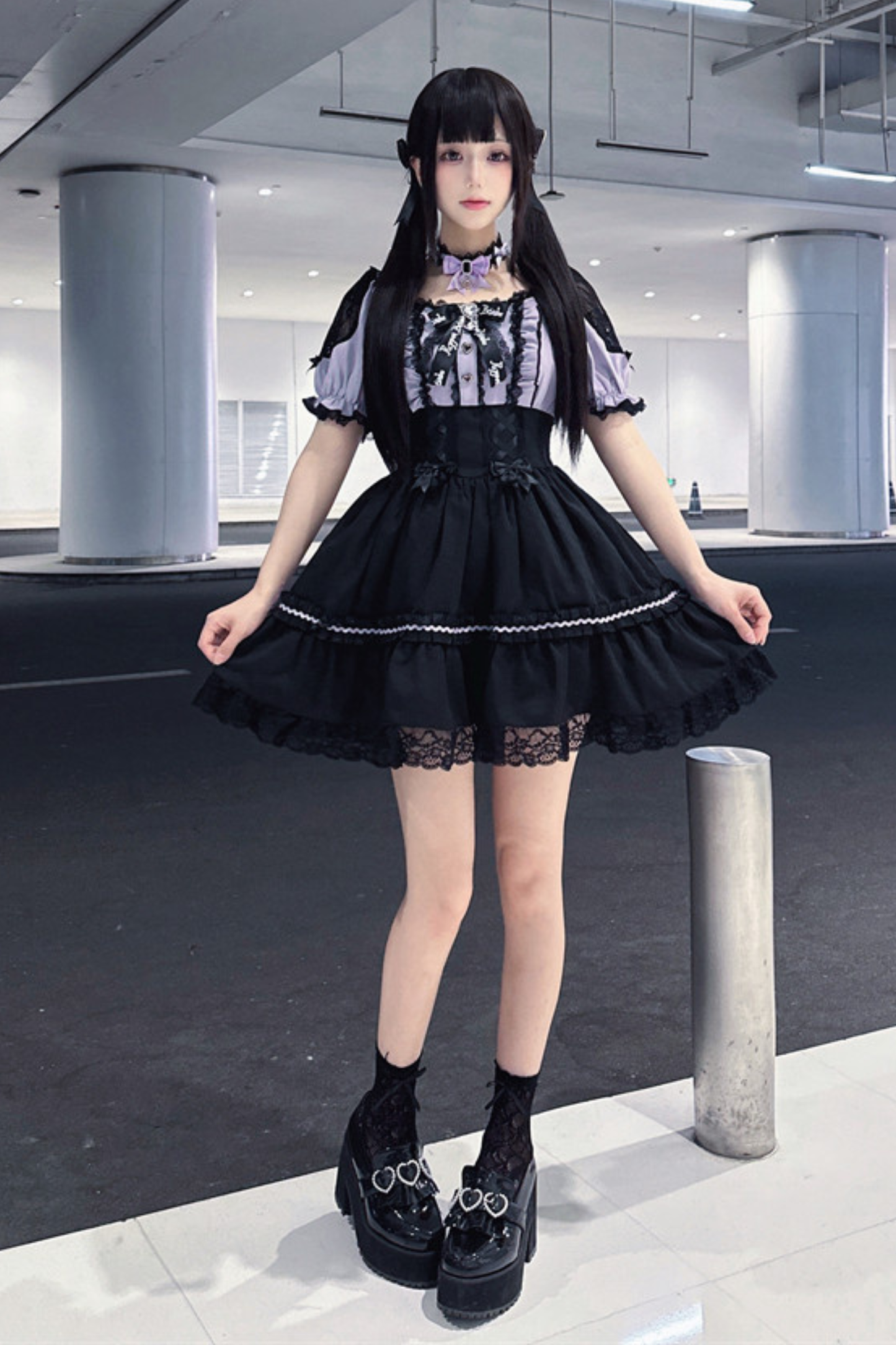Purple Lace Sweetheart Dress + Ribbon Clip + Necklace