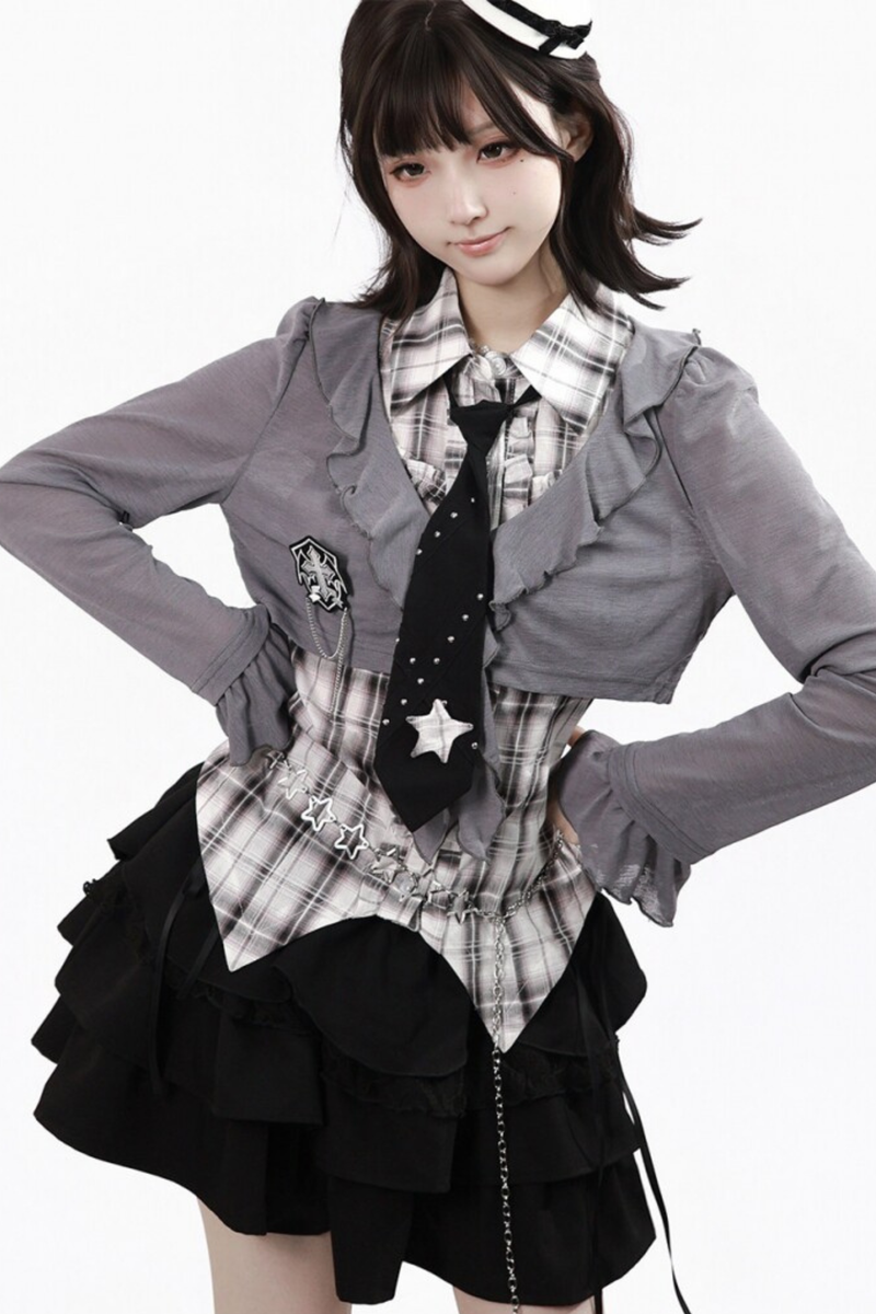 Plaid Sleeveless Shirt + Top + Tiered Skirt