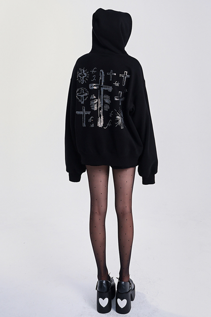 Big Cross Design Loose Hooded Sweatshirt