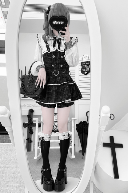 Plaid Design Suspender Skirt + Pants