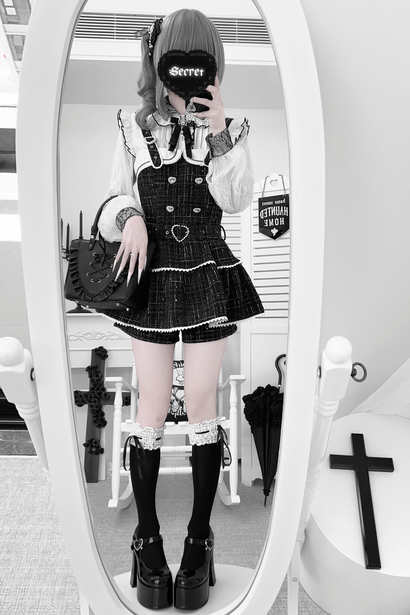 Plaid Design Suspender Skirt + Pants