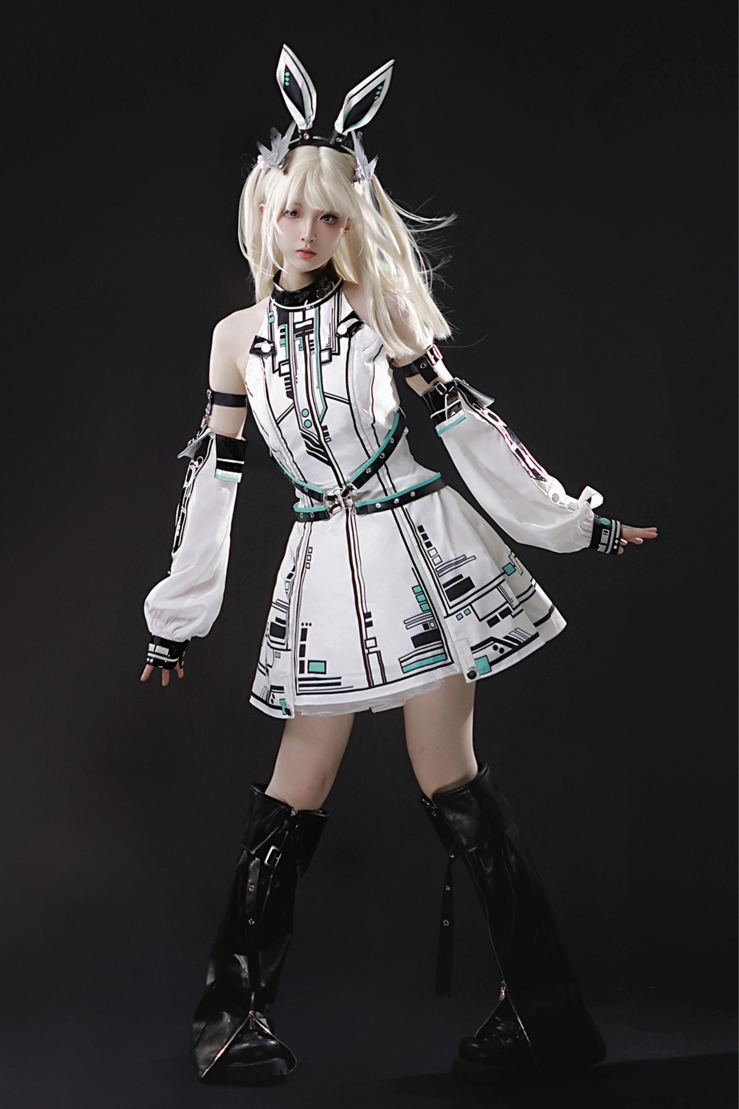 [reservation Product] Machine Warrior Lolita Technology Printed Dress + Sleeve + Bunny Ear Cutucha