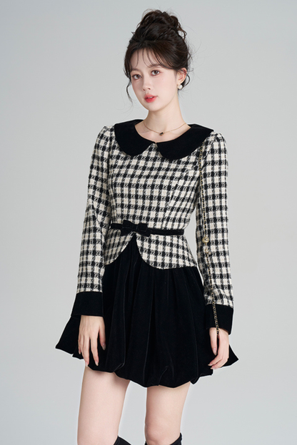 Velvet Monochrome Plaid Dress