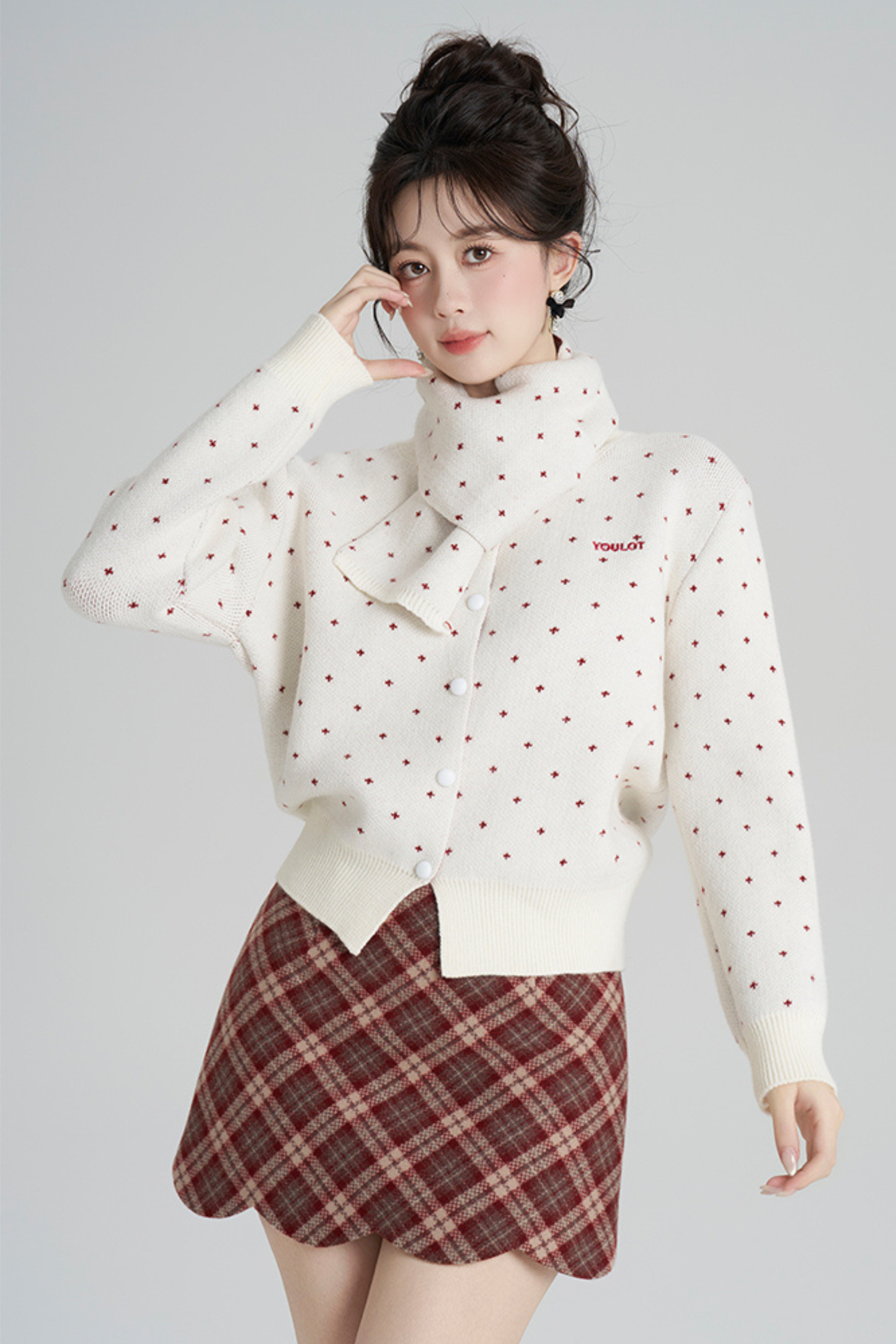 French Style Dotted Cardigan With Scarf
