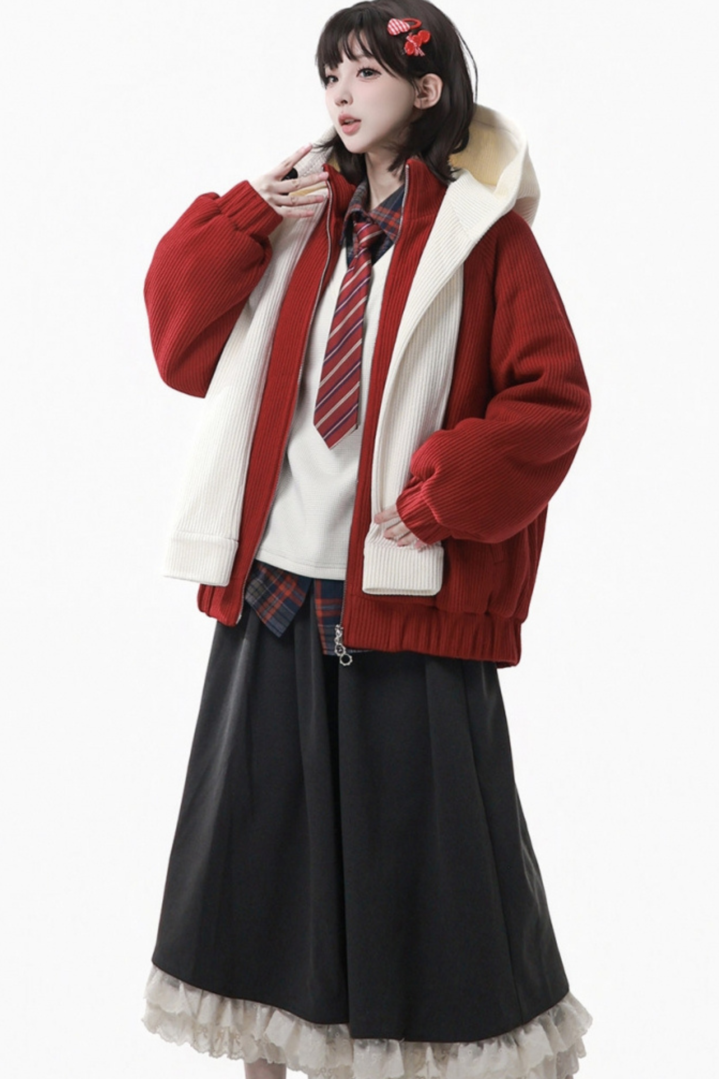 Apple Black Tea Fleece Coat + Hoodie + Long Skirt + Short Skirt + Hood Scarf