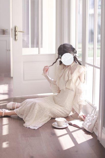 Sheer Chiffon Big Ribbon Shirt + Mermaid Skirt