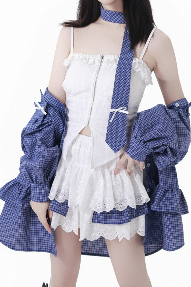 Plaid Tie Blouse Ursus Camisole + Skirt + Short Top