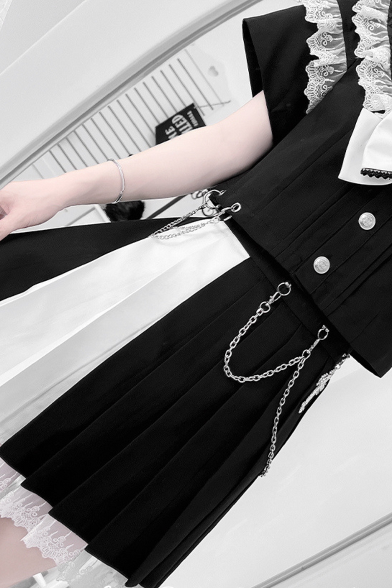 Dark Girl College Sailor Top + Skirt + Ribbon + Skirt Chain