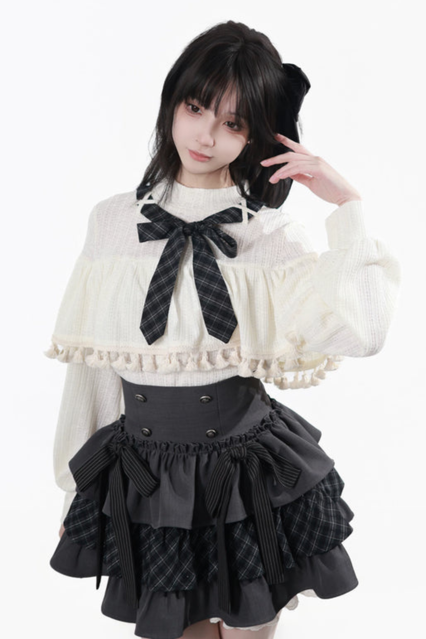 Off Shoulder Hoodie Top + Ruffled Top + Tiered Skirt + Camisole