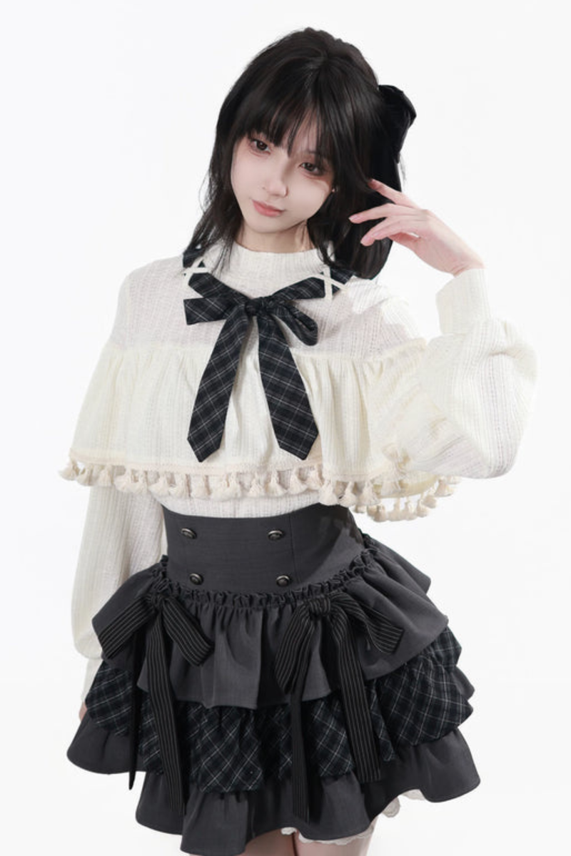 Off Shoulder Hoodie Top + Ruffled Top + Tiered Skirt + Camisole