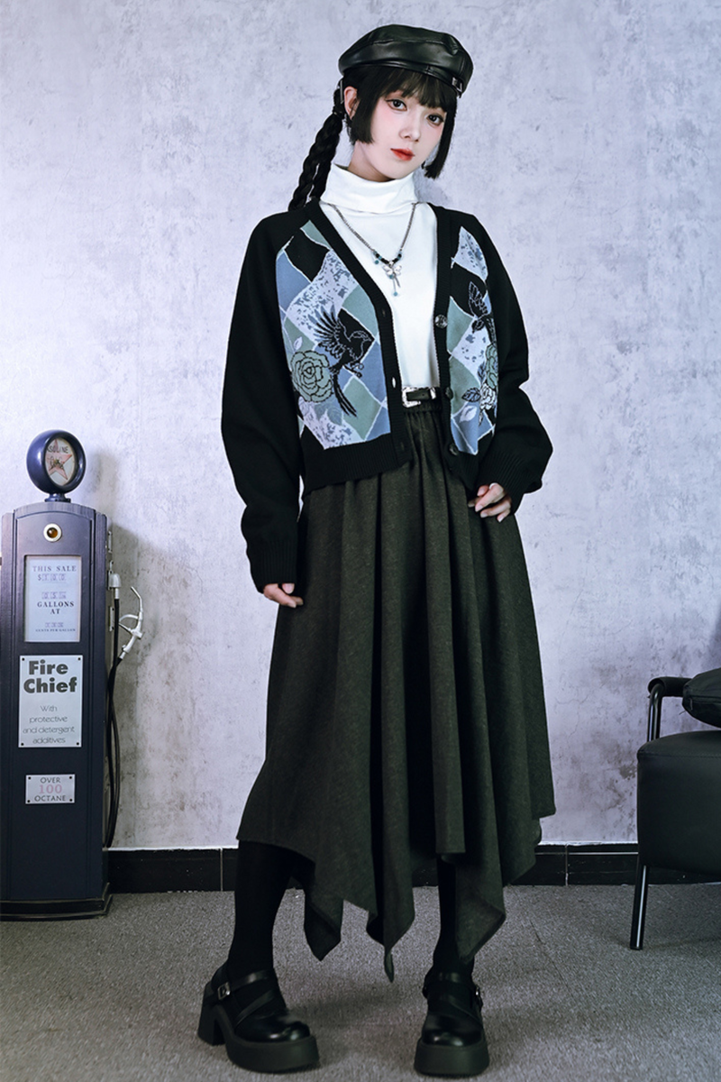 Argyle Cardigan + Asymmetric Skirt