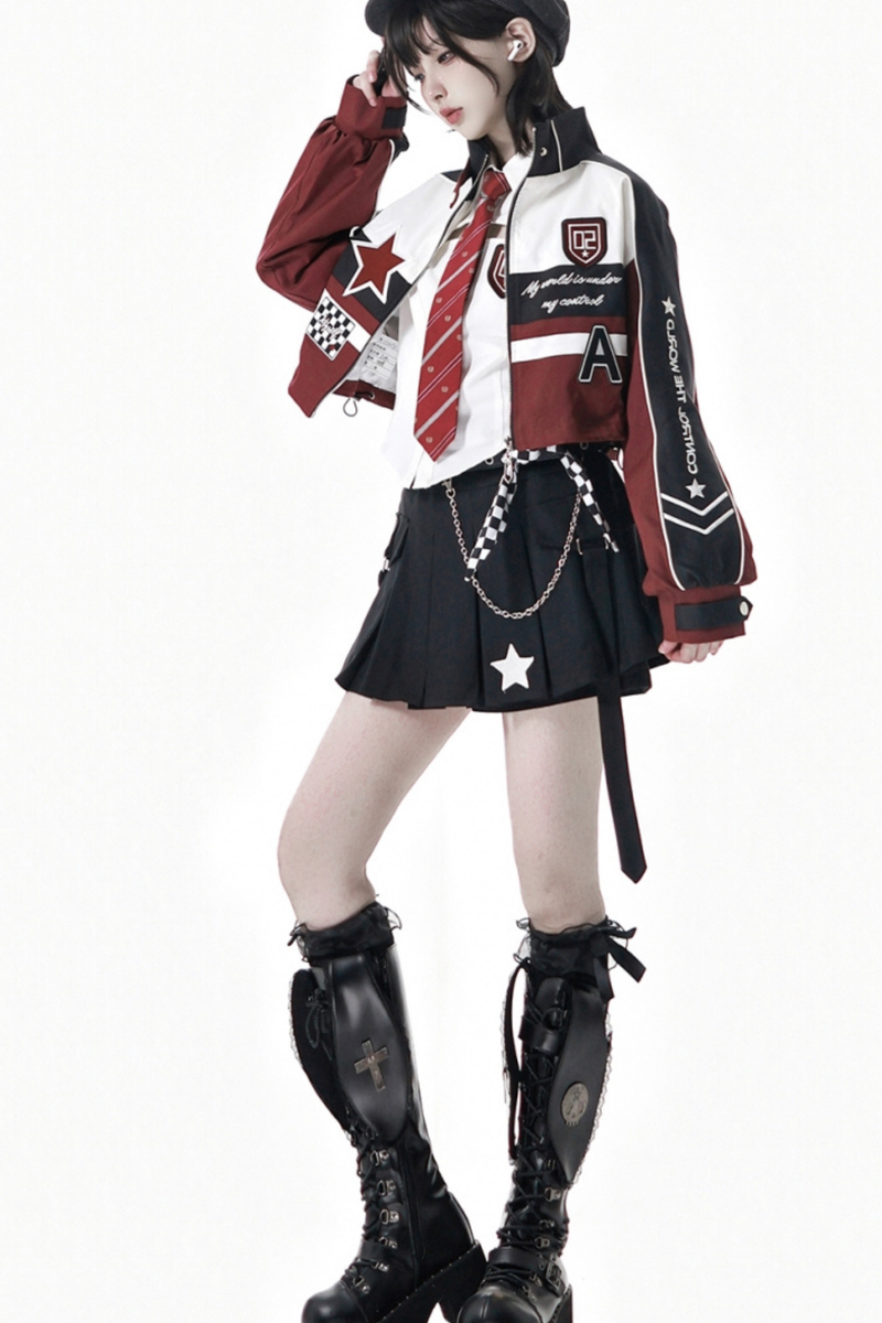 Biker Jacket + Shirt With Tie + Skirt + Belt
