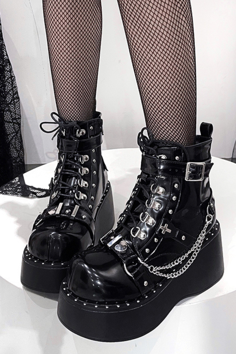 Dark Punk Buckle Platform Boots