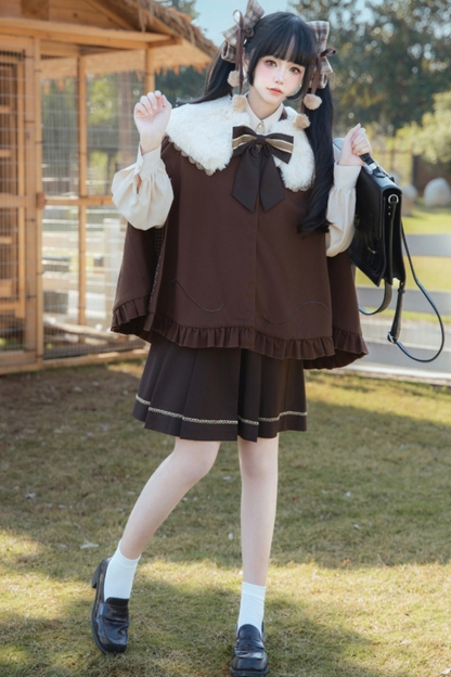Fur Collar Cape + Knit Vest + Shirt + Pleated Skirt + Ribbon
