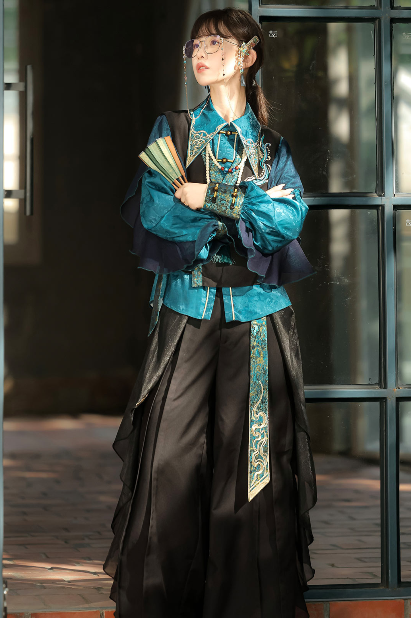 Ruan Chinese-style Top + Vest + Wide Leg Pants + Necklace