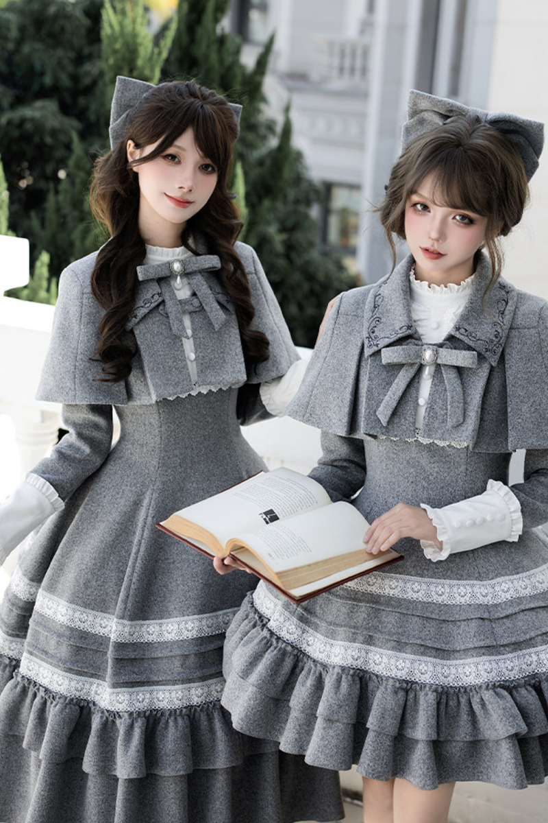 Ruffled Cape Coat + Dress + Hair Accessories + Brooch