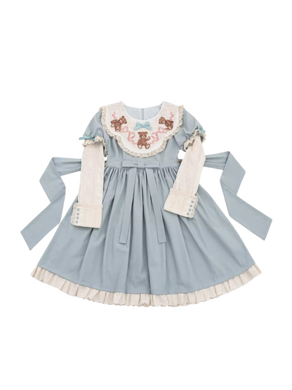 [pre-order] Lolita Teddy Bear Flap Lace Puff Sleeve Ribbon Dress