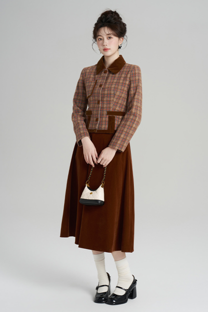 Plaid Jacket + Retro Plaid Velvet Skirt
