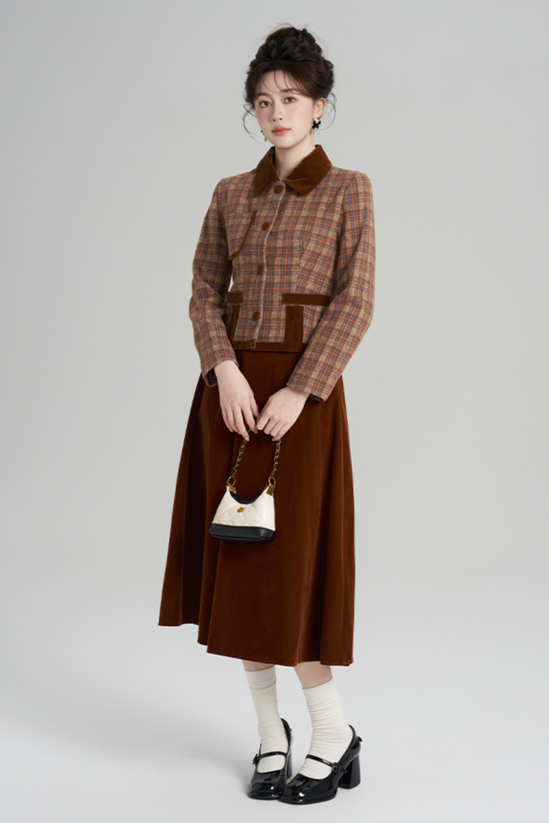 Plaid Jacket + Retro Plaid Velvet Skirt