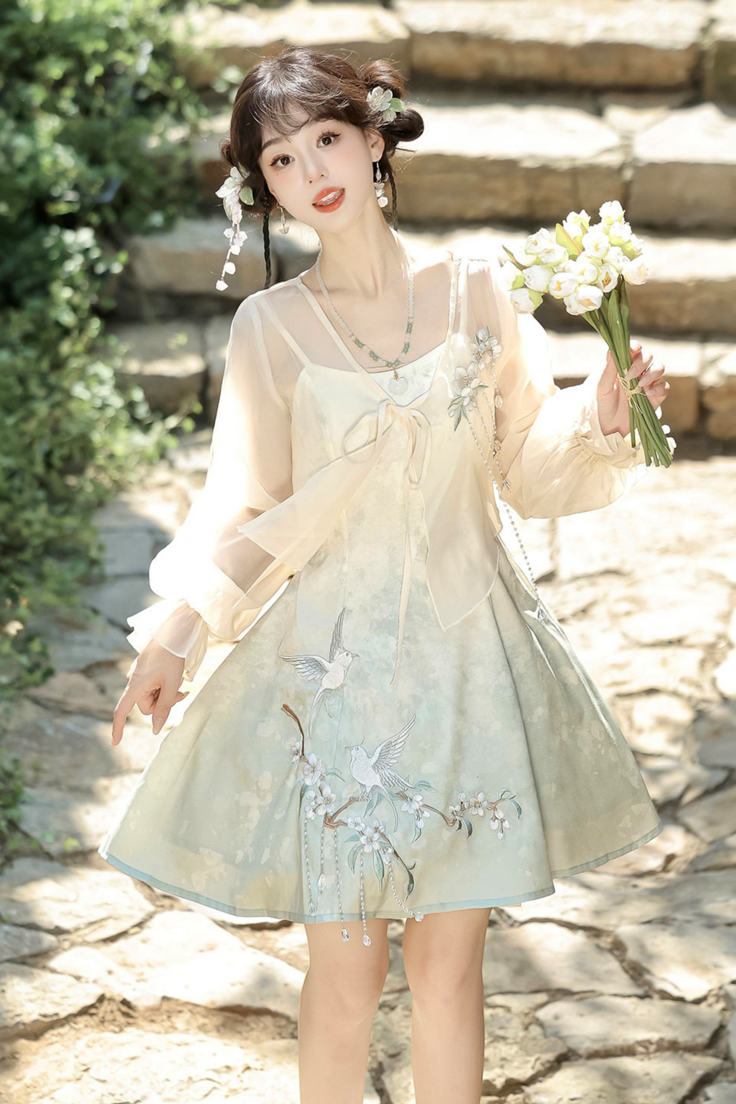 Chinese-style Gradient Retro Dress + Sheer Cardigan