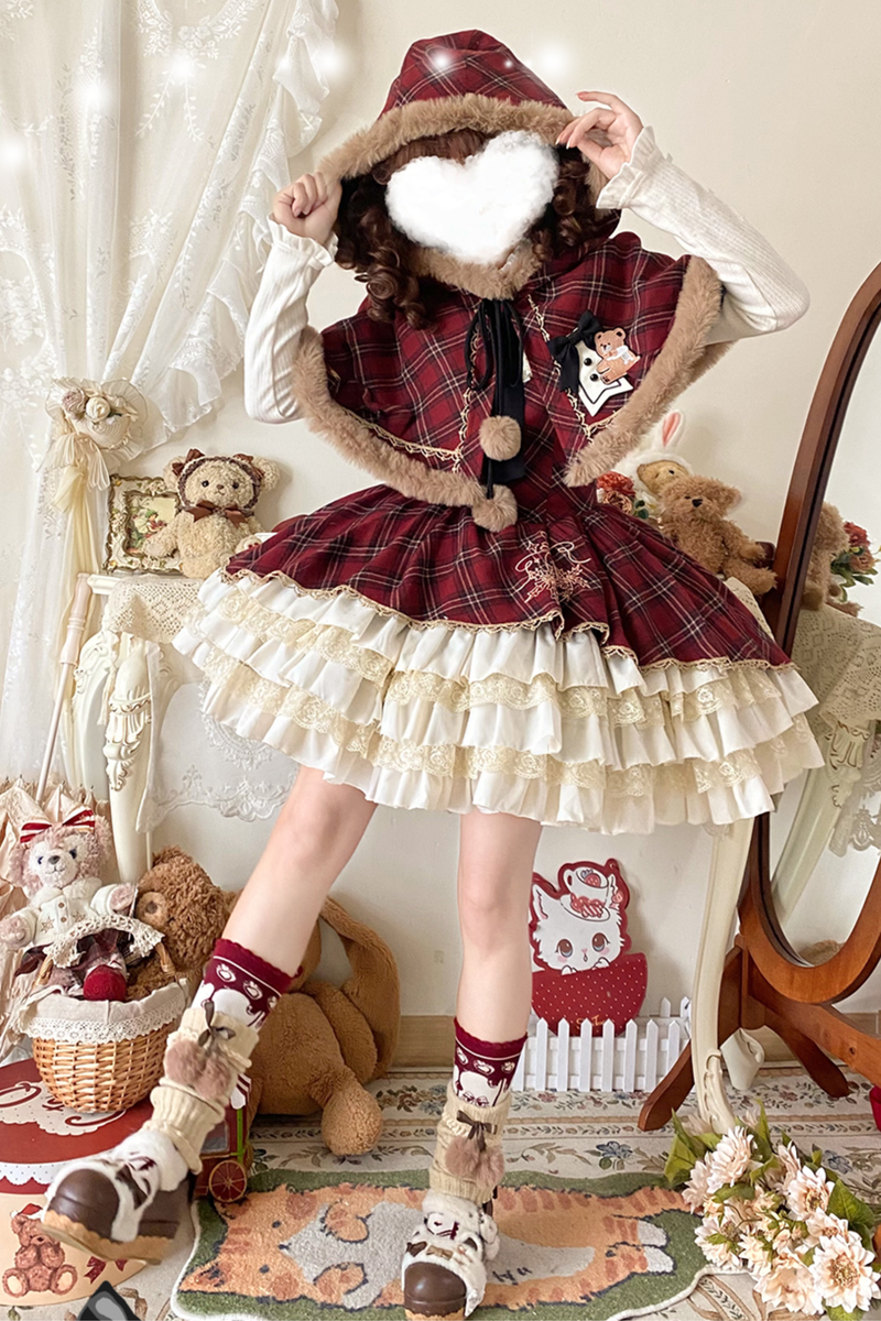 [pre-order] Plaid Lolita Jsk + Hooded Cloak + Knit + Bear Headband