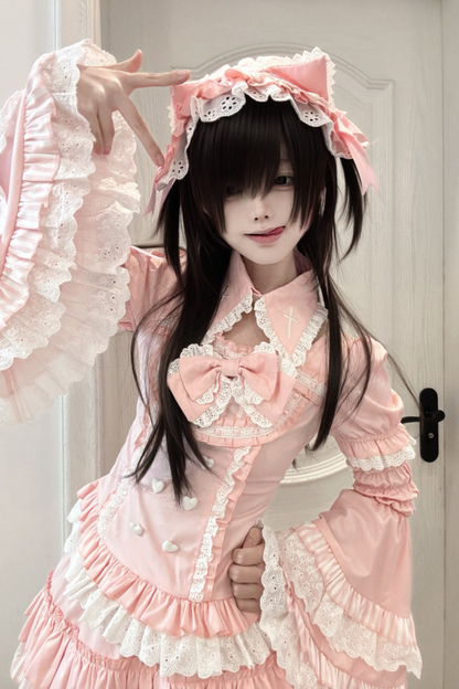 Pink Princess Tiered Tops + Skirt + Sleeves + Headband