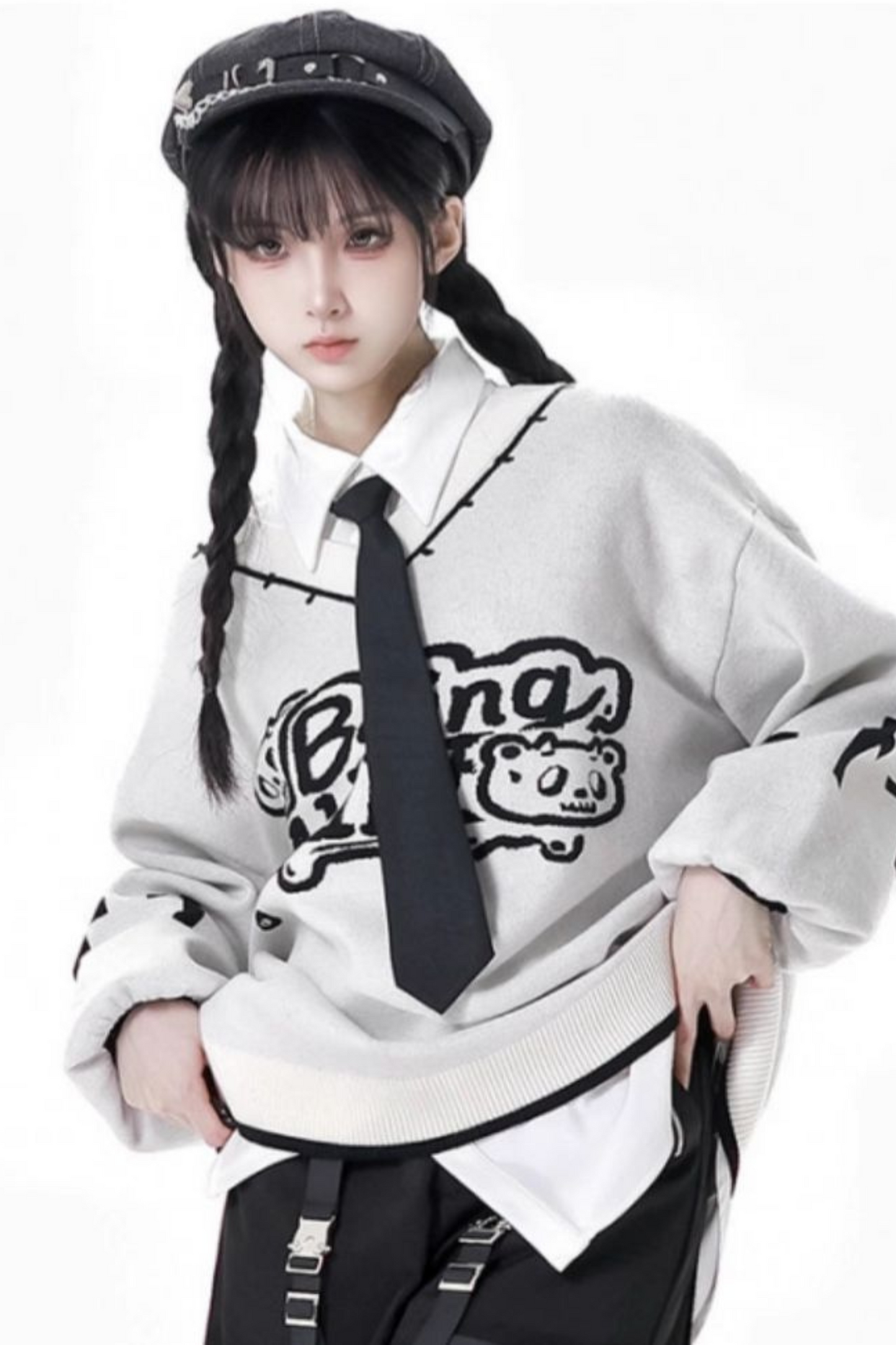 Cat Ear Hooded Top + Loose Knit Sweater + Cargo Pants + Strap Skirt