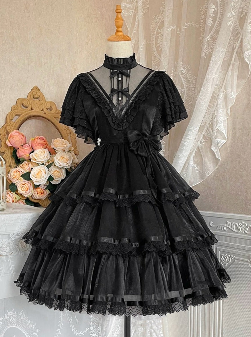 Stand Collar Ruffle Tiered Airy Dress