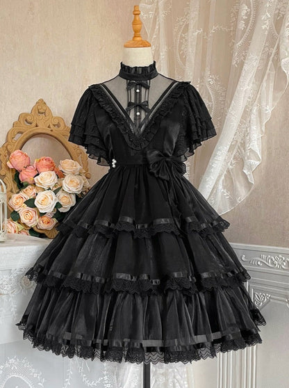 Stand Collar Ruffle Tiered Airy Dress