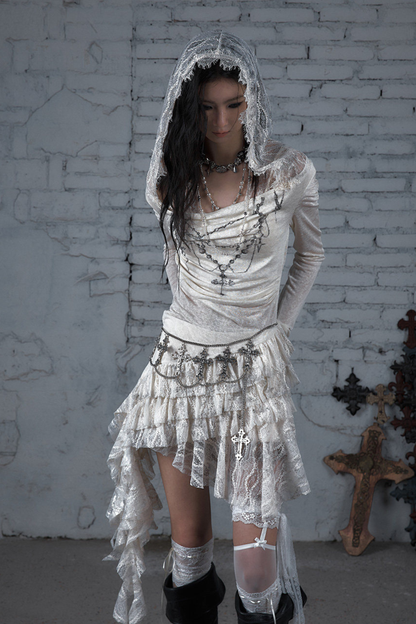 Punk Lace Hood Asymmetrical Dress