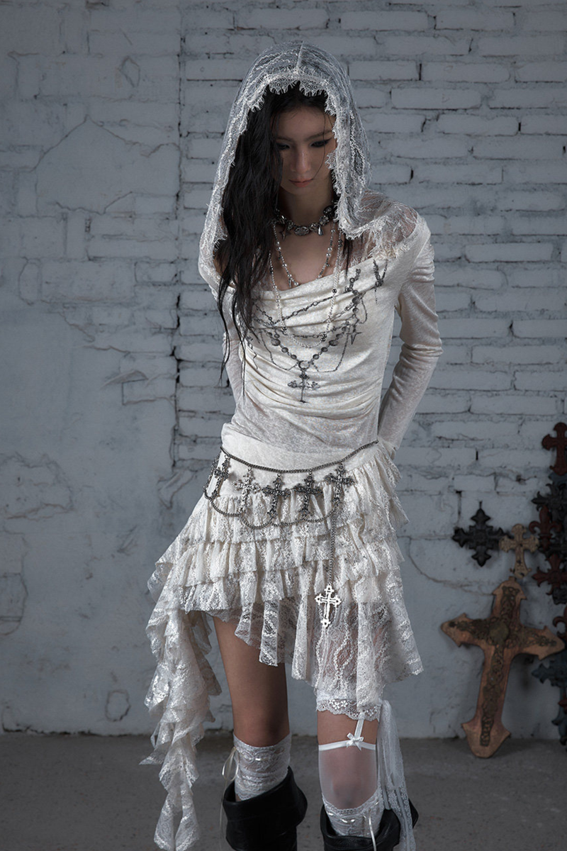 Punk Lace Hood Asymmetrical Dress