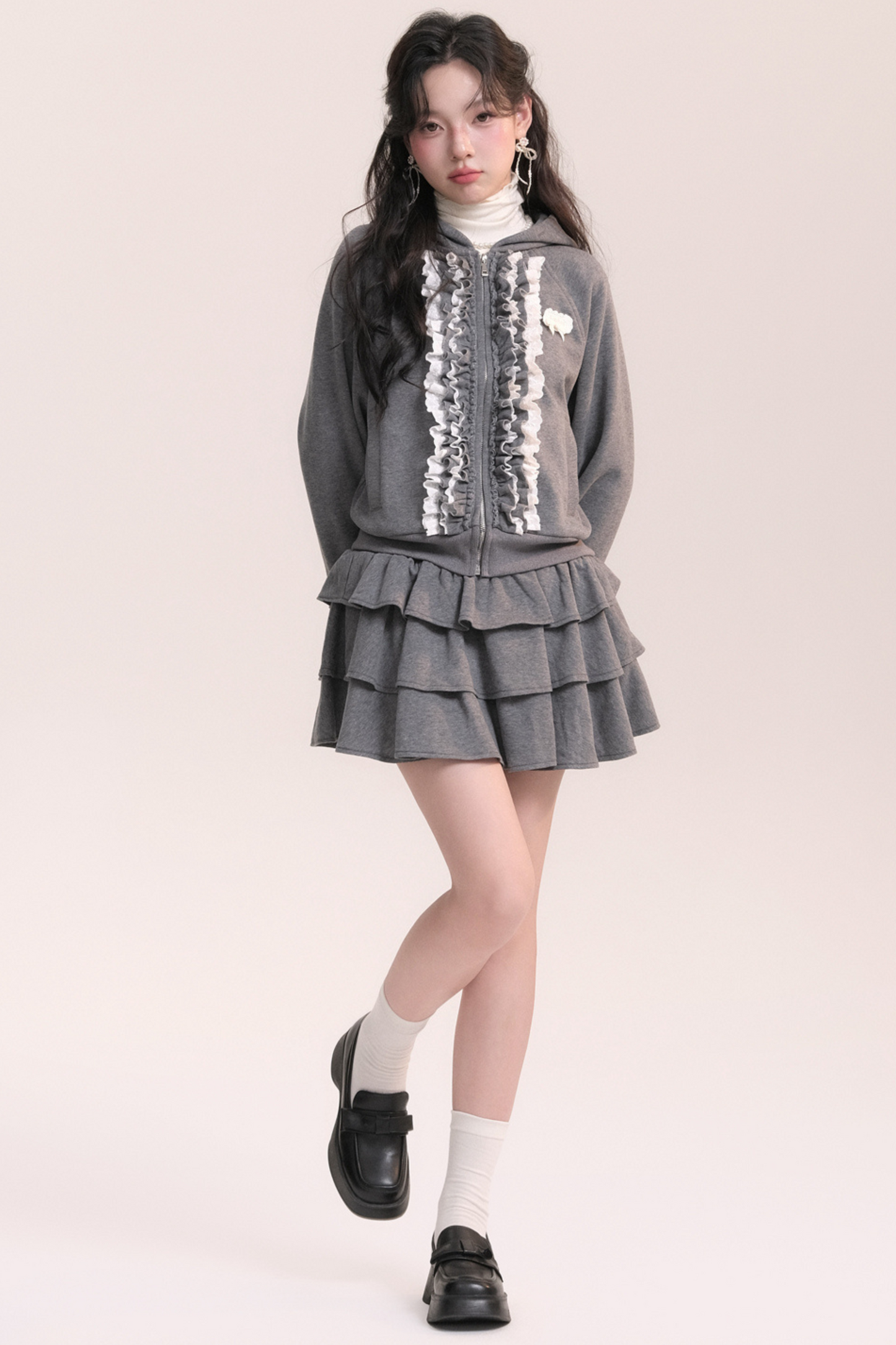 Ballet Lace Sweatshirt Hooded Jacket + Tiered Skirt