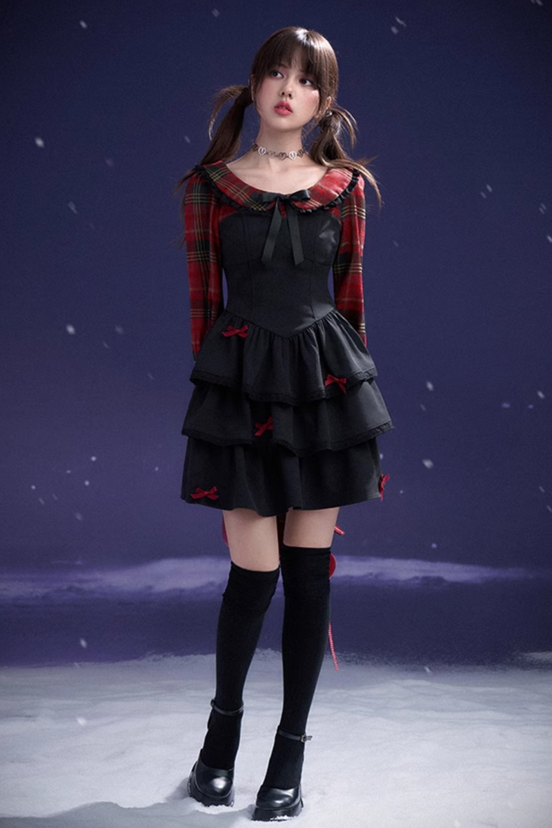 Plaid Faux Two Piece Tiered Dress