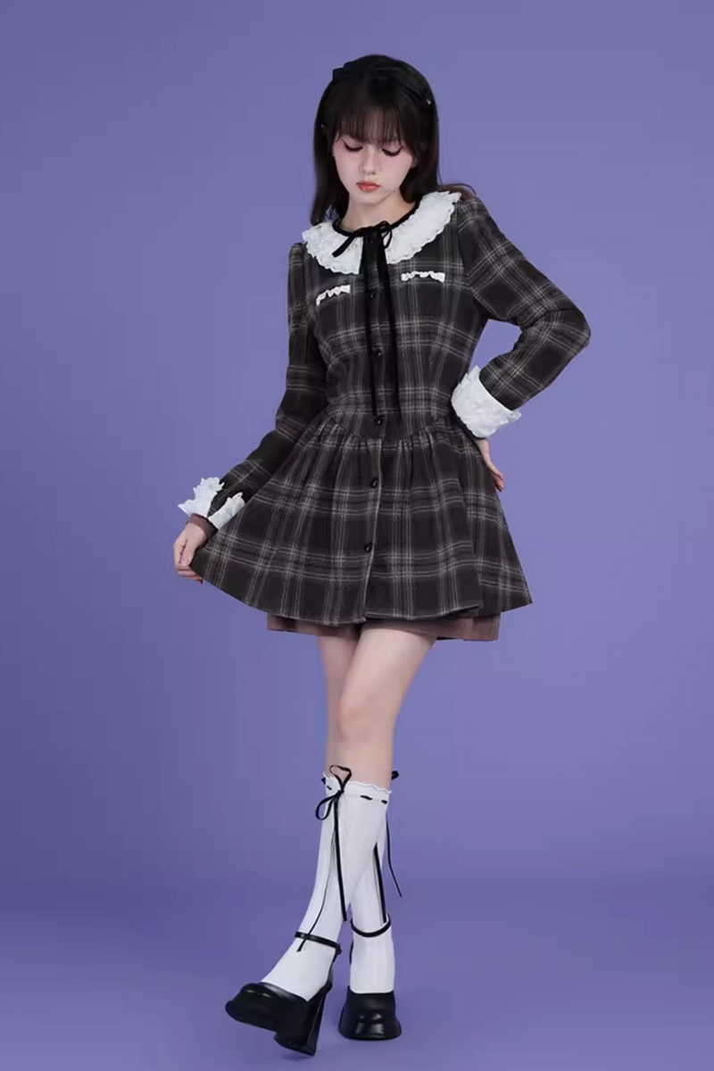 Lace Collar Wool Plaid Dress Coat