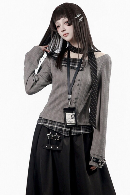Y2k Dark Top + Flare Skirt + Scarf
