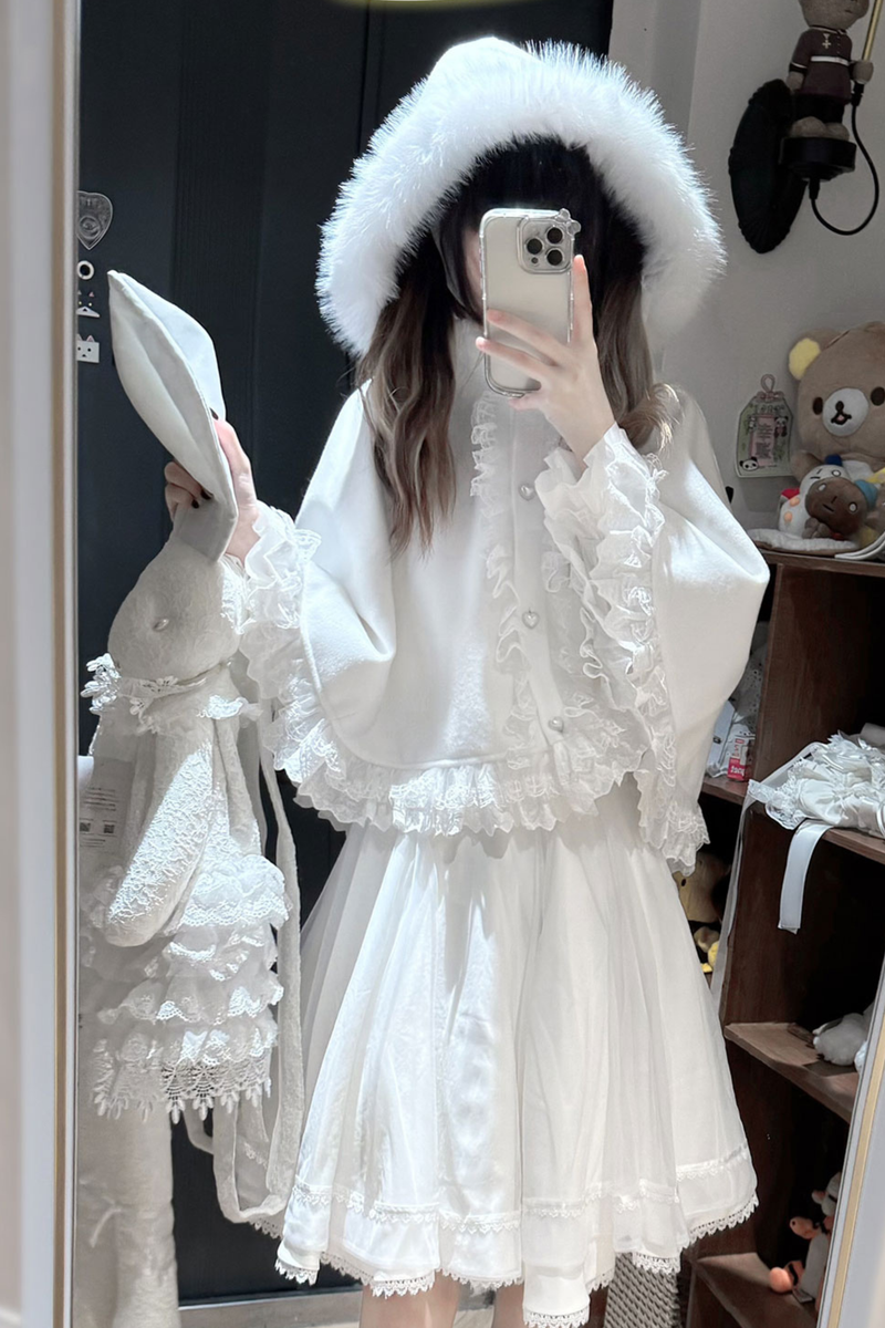 Fur Hooded Mantle + Tops + Skirt