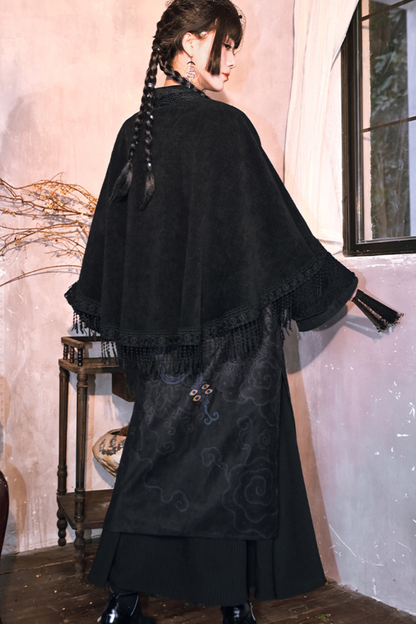 Dark Print Cheongsam Dress + Cape