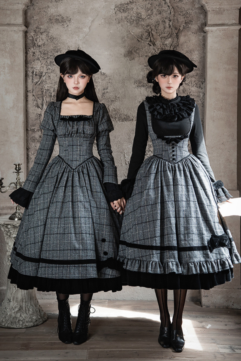 Plaid Fishbone Chest Jsk + Dress + Innerwear + Ribbon + Hat
