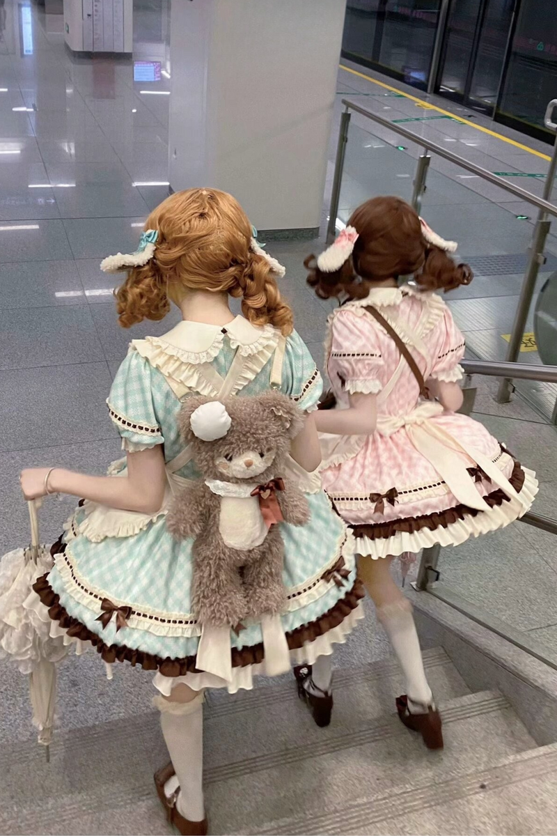[pre-order] Bunny Ear Hair Clip + Pink Blue Sweet Maid Apron Dress