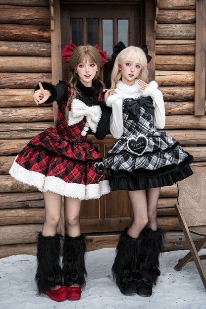 Checked Doll Jumper Skirt + Bow Brooch + Pin + Love Brooch + Shawl + Top + Leg Warmers