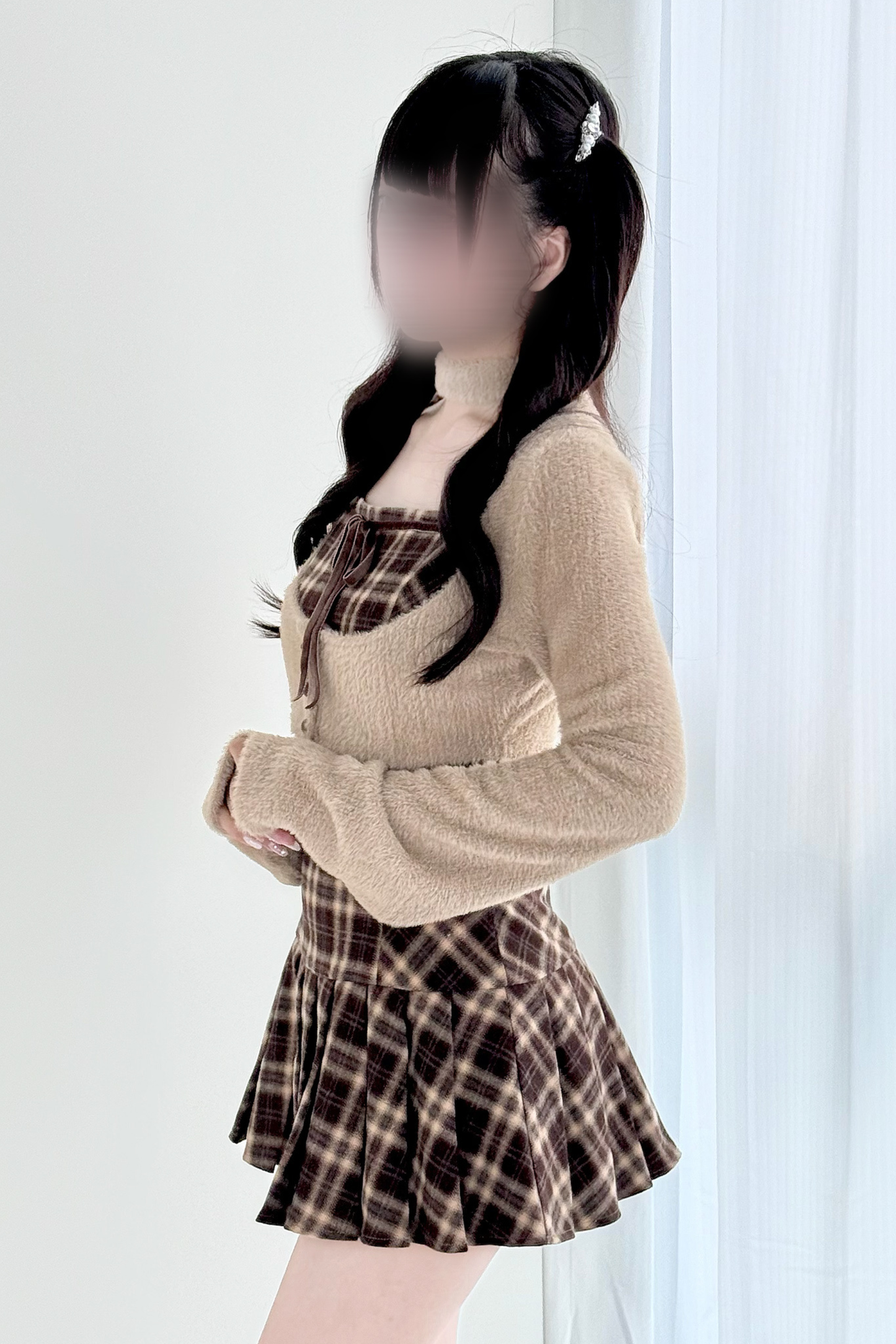 Checked Flared Dress + Short Cardigan