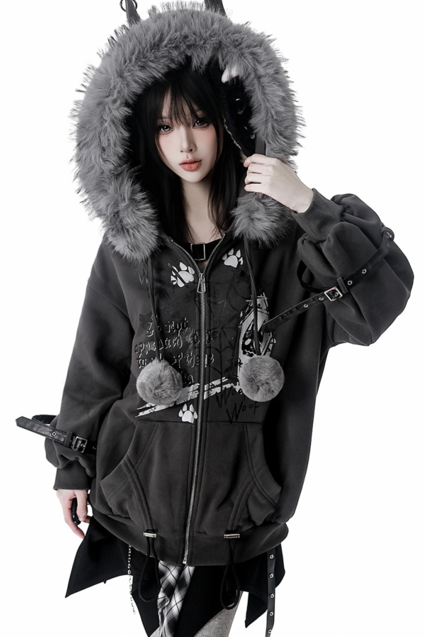Fur Ball Fur Hooded Jacket + Top + Skirt